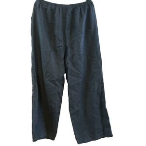 FLAX Linen Pants Large Pull On Elastic Waist Wide Leg Lagenlook Pockets Black